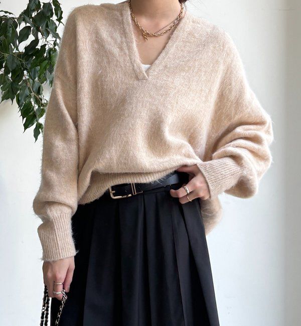  「深Vスリットニット」|ニット・セーター|ライトベージュ
