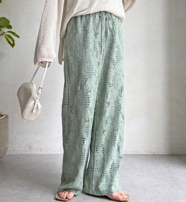  「【WEB限定】フラワーコードレースイージーパンツ」|チノ|グリーン