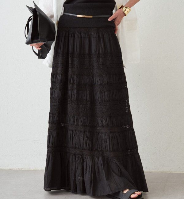  「【INDIA】ギャザーティアードレーススカート」|スカート|ブラック
