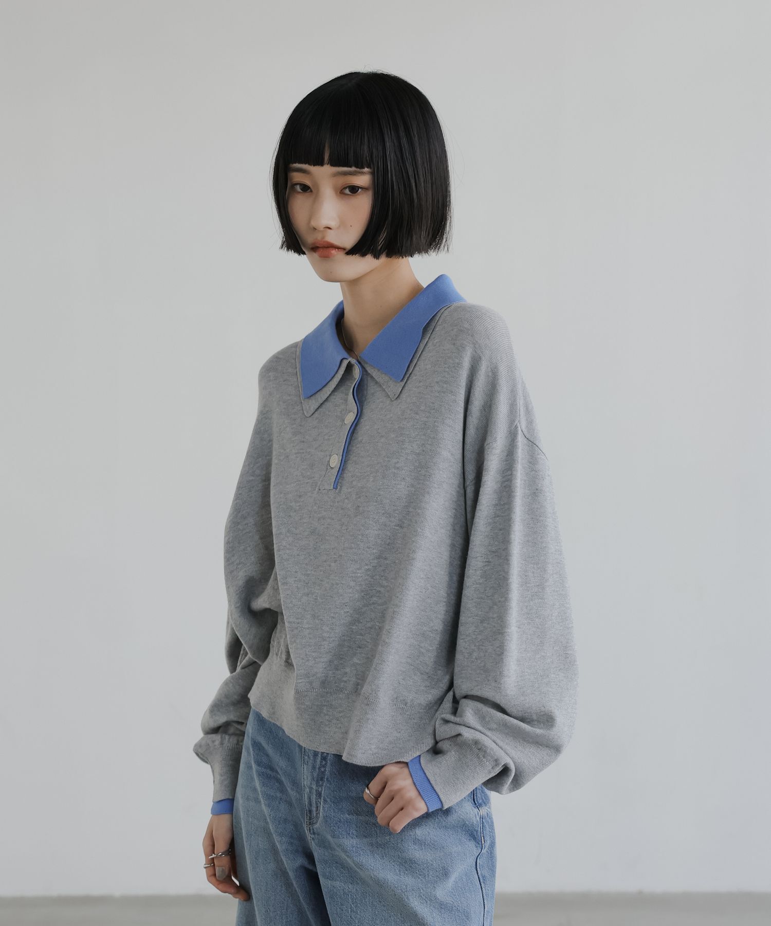 LOWRYS FARM「バイカラーニットポロＬＳ」|ニット・セーター|GRY2