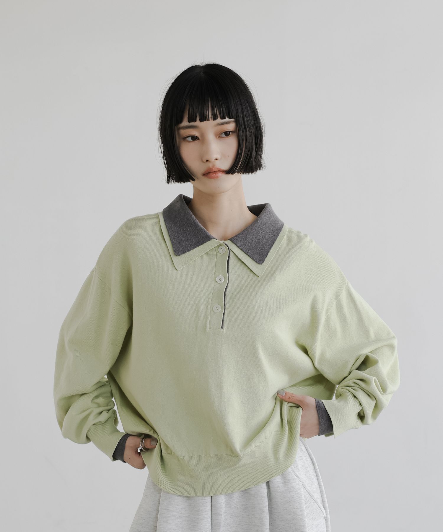 LOWRYS FARM「バイカラーニットポロＬＳ」|ニット・セーター|GRN2