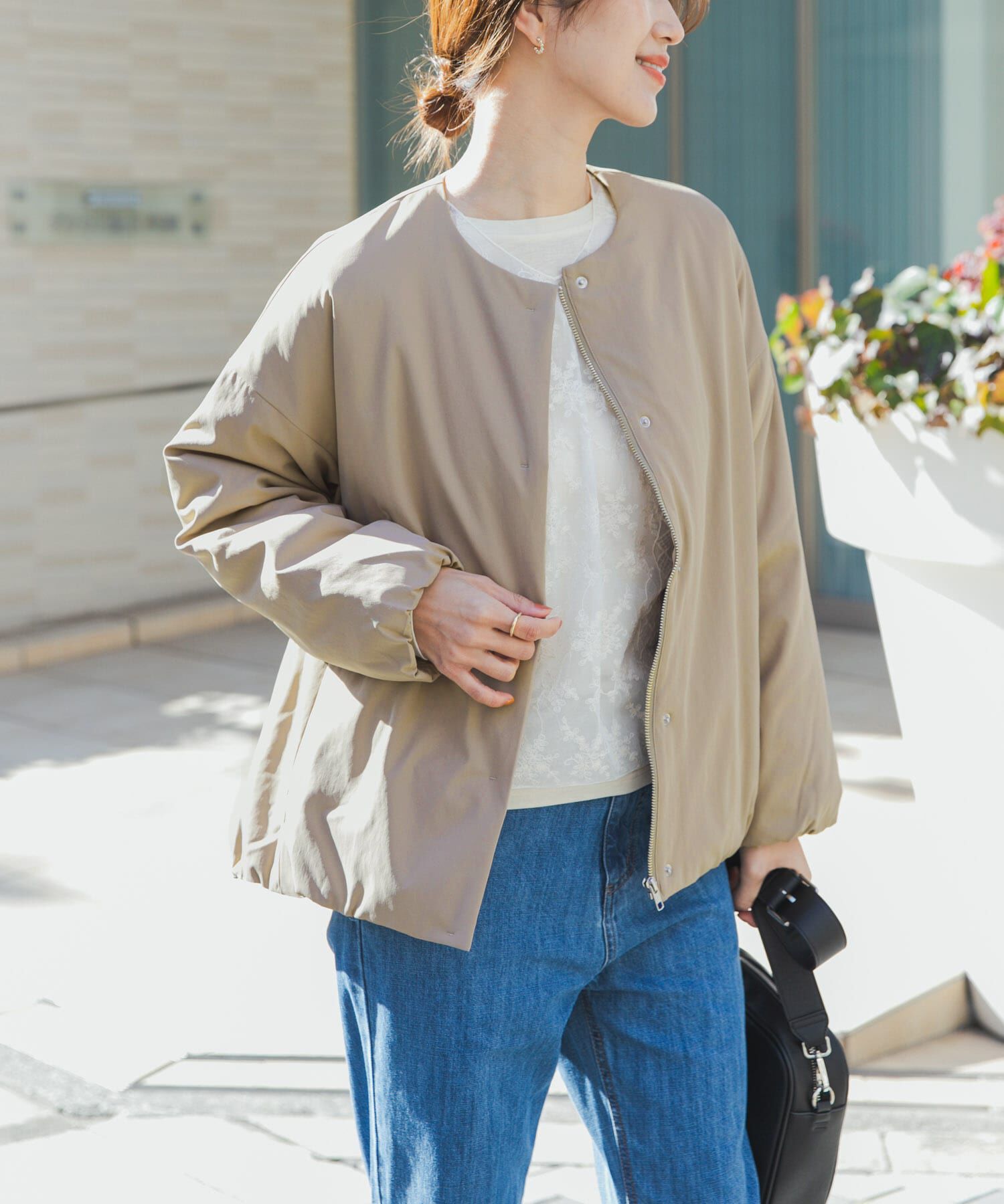 URBAN RESEARCH DOORS「撥水中綿ノーカラーコート」|ノーカラーコート|ベージュ