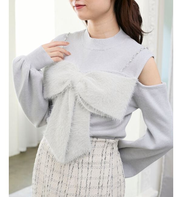  「ビッグリボンチェーン付きニット」|ニット・セーター|L／グレー