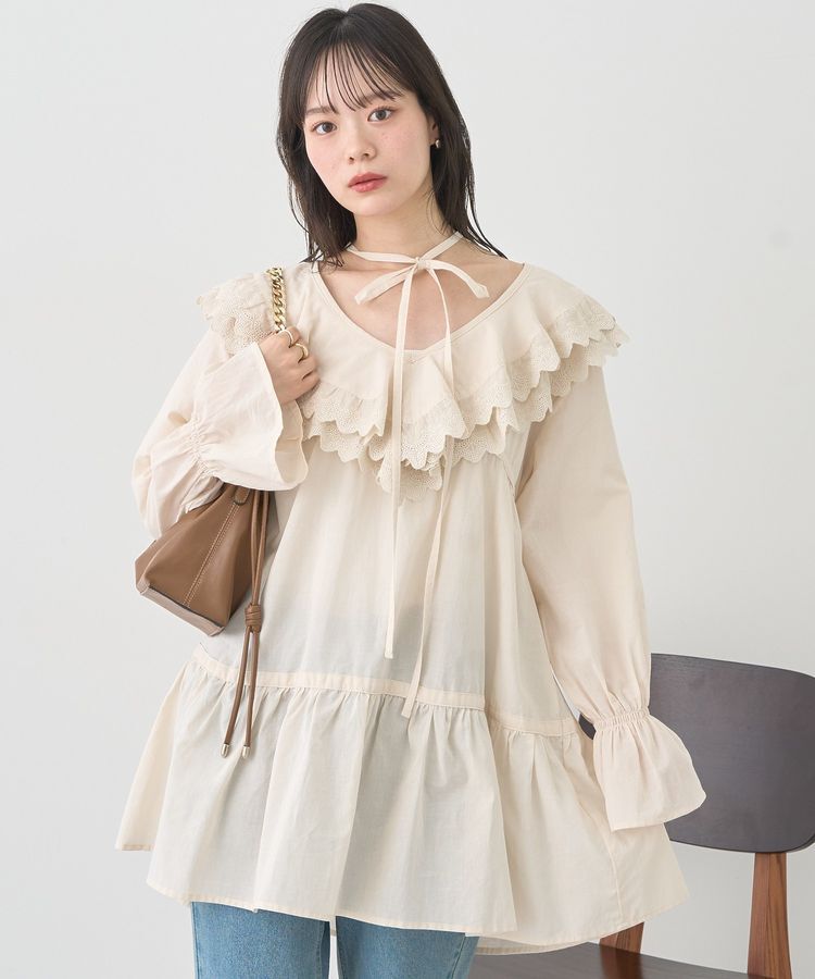 earth music&ecology「サイドリボンラッフルミニワンピース」|ワンピース|Ecru