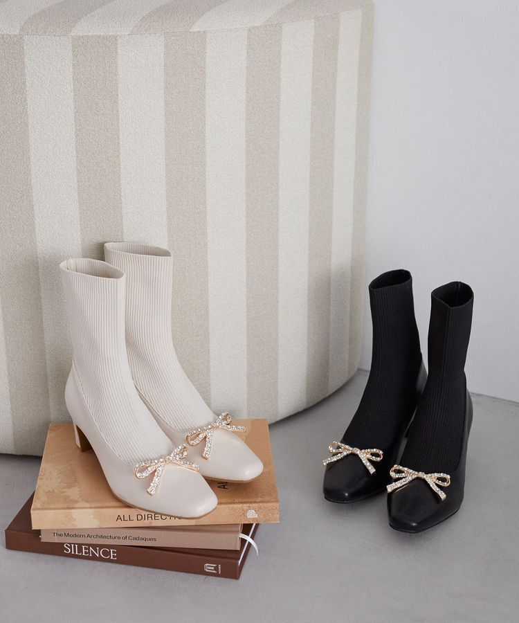 Maison de FLEUR「リボンビジューニットブーツ」|ショートブーツ|