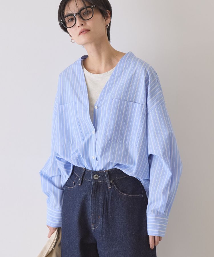 AMERICAN HOLIC「【イージーケア】ストライプVネックシャツ」|シャツ・ブラウス|Sax