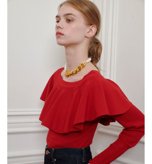 LOULOU WILLOUGHBY「【LOULOU WILLOUGHBY】ラッフルオフショルプルオーバー」|ニット・セーター|