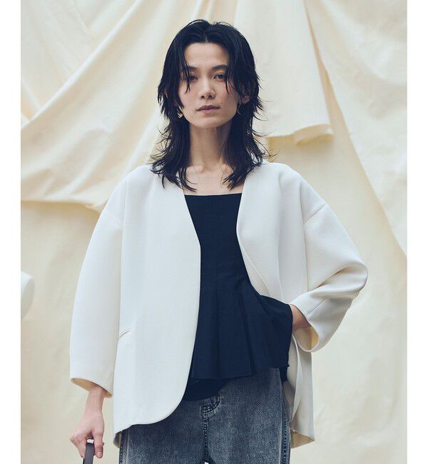 allureville「【ATELIER Line】ダブルクロスカラーレスジャケット」|ノーカラージャケット|オフホワイト