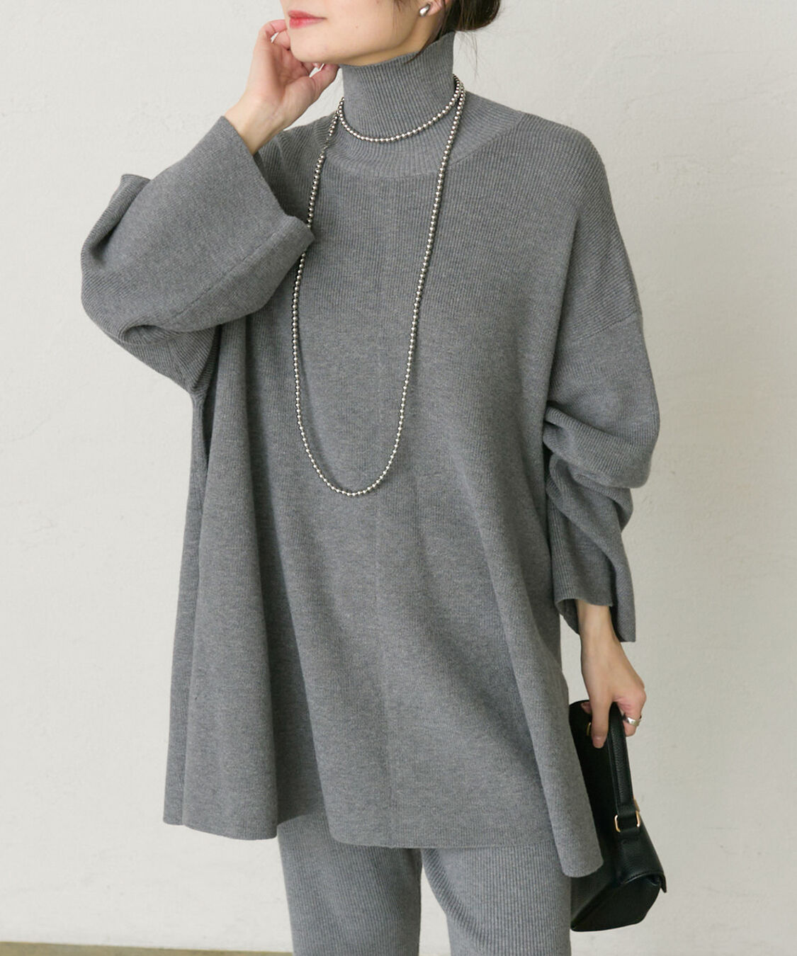  「【セットアップ対応】ハイネックフレアニットプルオーバー」|ニット・セーター|グレー