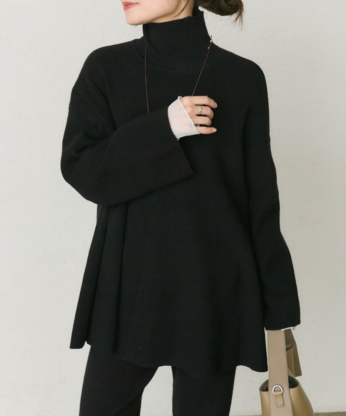  「【セットアップ対応】ハイネックフレアニットプルオーバー」|ニット・セーター|ブラック