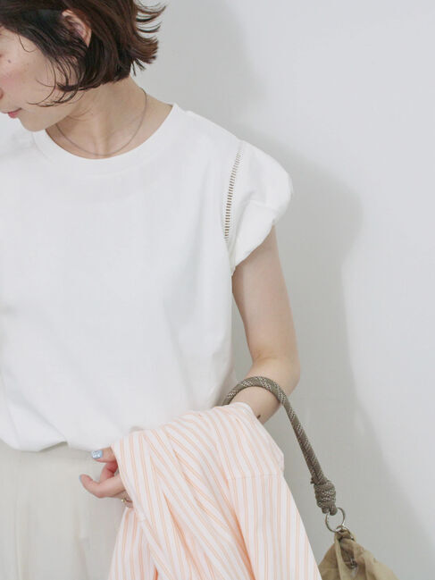 Samansa Mos2 blue「ハシゴレース付きフレンチTシャツ」|Tシャツ・カットソー|