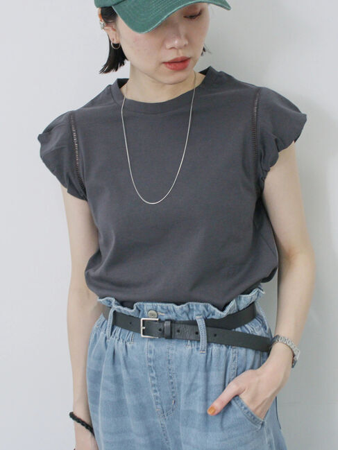 Samansa Mos2 blue「ハシゴレース付きフレンチTシャツ」|Tシャツ・カットソー|