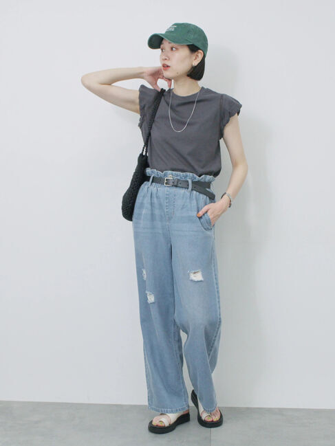 Samansa Mos2 blue「ハシゴレース付きフレンチTシャツ」|Tシャツ・カットソー|