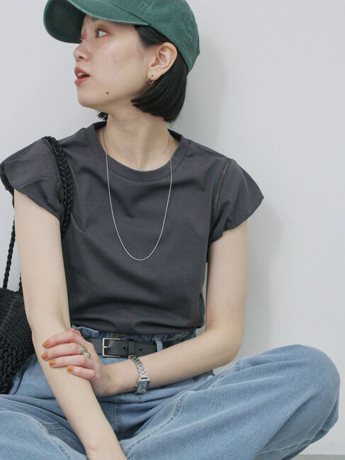 Samansa Mos2 blue「ハシゴレース付きフレンチTシャツ」|Tシャツ・カットソー|チャコールグレー