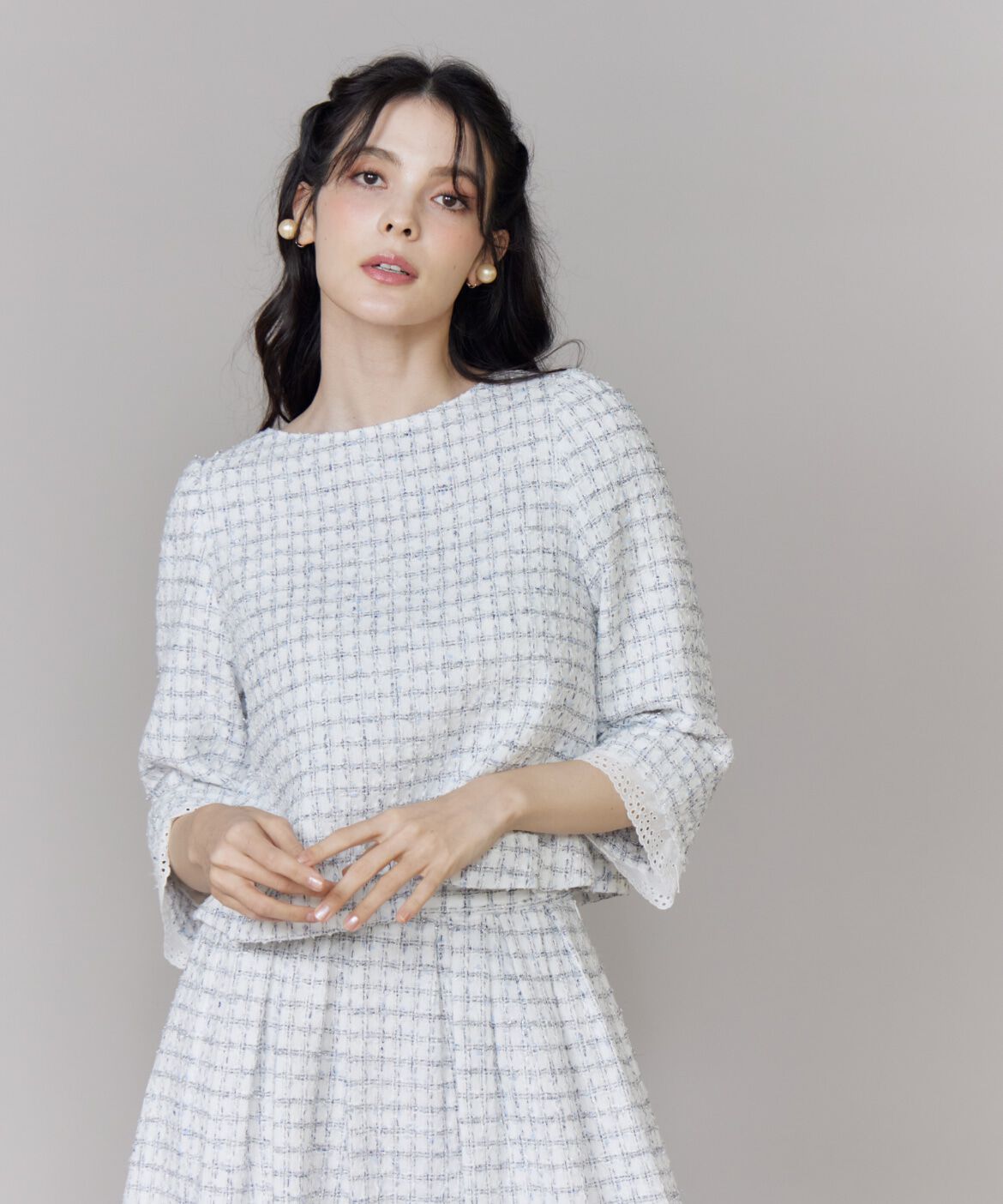 Maglie le cassetto「《M Maglie le cassetto》袖刺繍レース艶めきツイードブラウス」|シャツ・ブラウス|