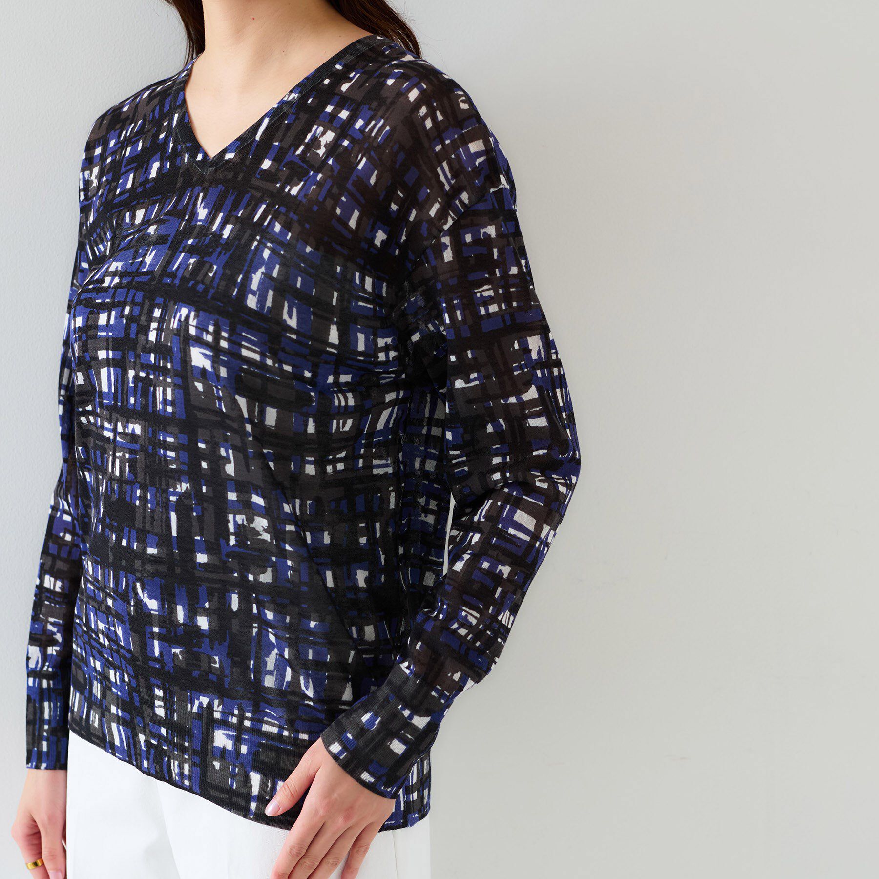 UNTITLED「【セットアップ可能/アンサンブル可能/シアー】チェックプリント プルオーバーニット」|ニット・セーター|