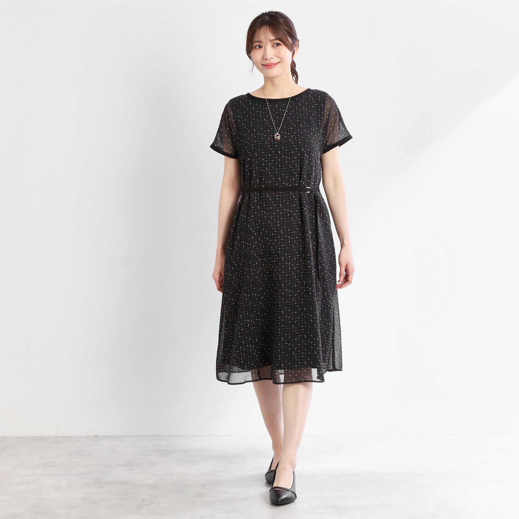 Reflect「【WEB先行カラーあり／マシンウォッシュ可／ナローベルト付き】オフボディツイードチェックワンピース」|ワンピース|