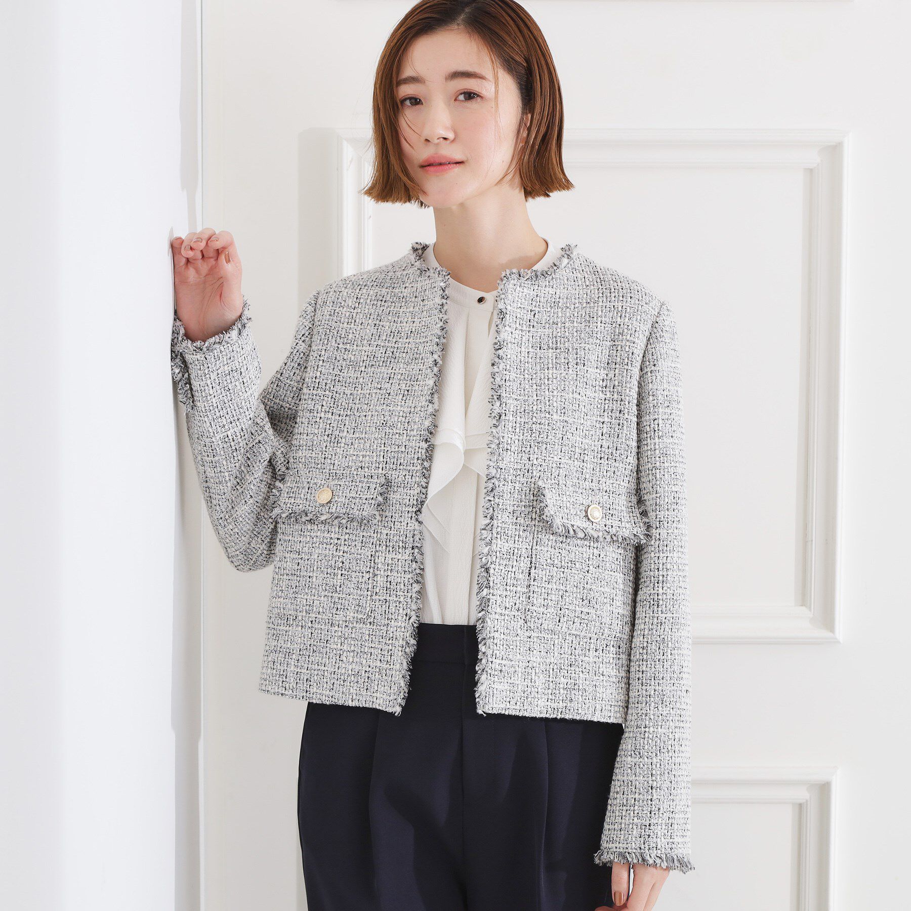 grove「【ハレの日・通勤】着回しできる上品ツイードジャケット」|ノーカラージャケット|ブラック(419)