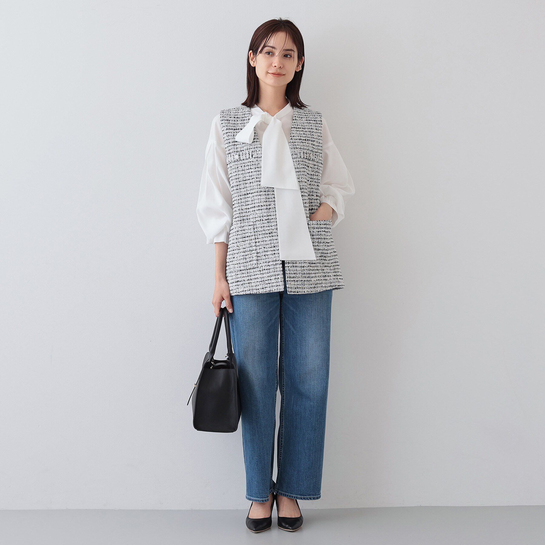 INDIVI「【2点セット／UVケア】ツイードジレ＆ボウタイブラウス カセット服」|その他|