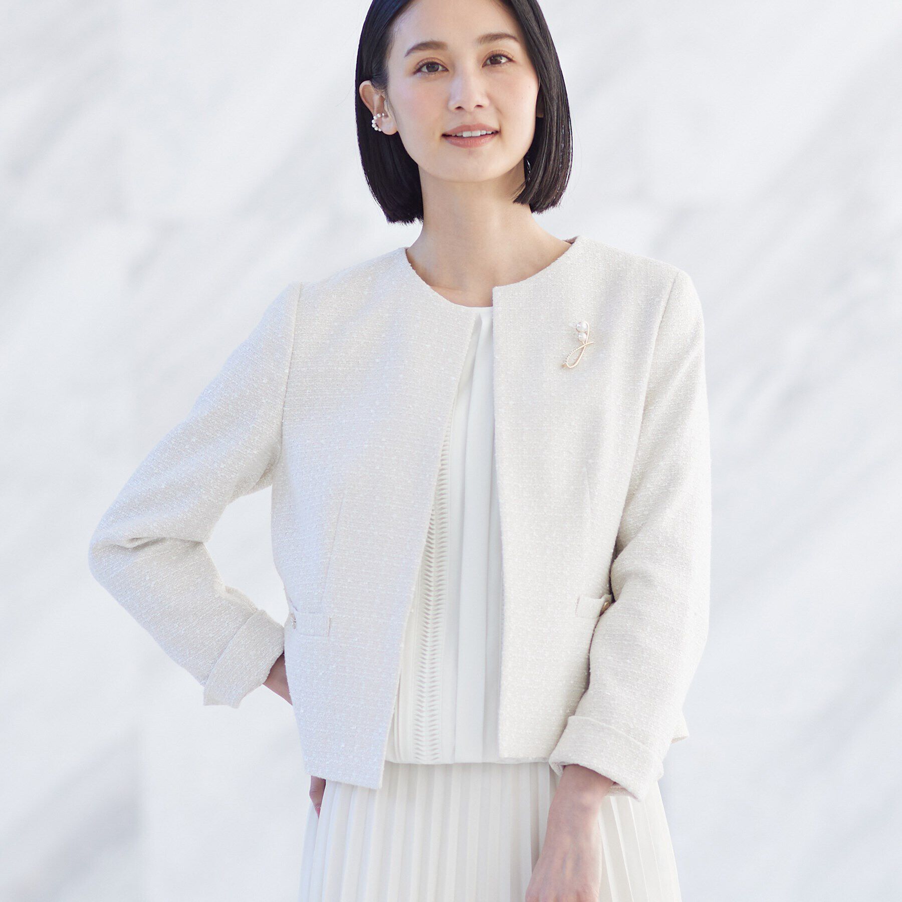 INDIVI「【華やか】ファンシーツイードジャケット」|ノーカラージャケット|ライトベージュ(45