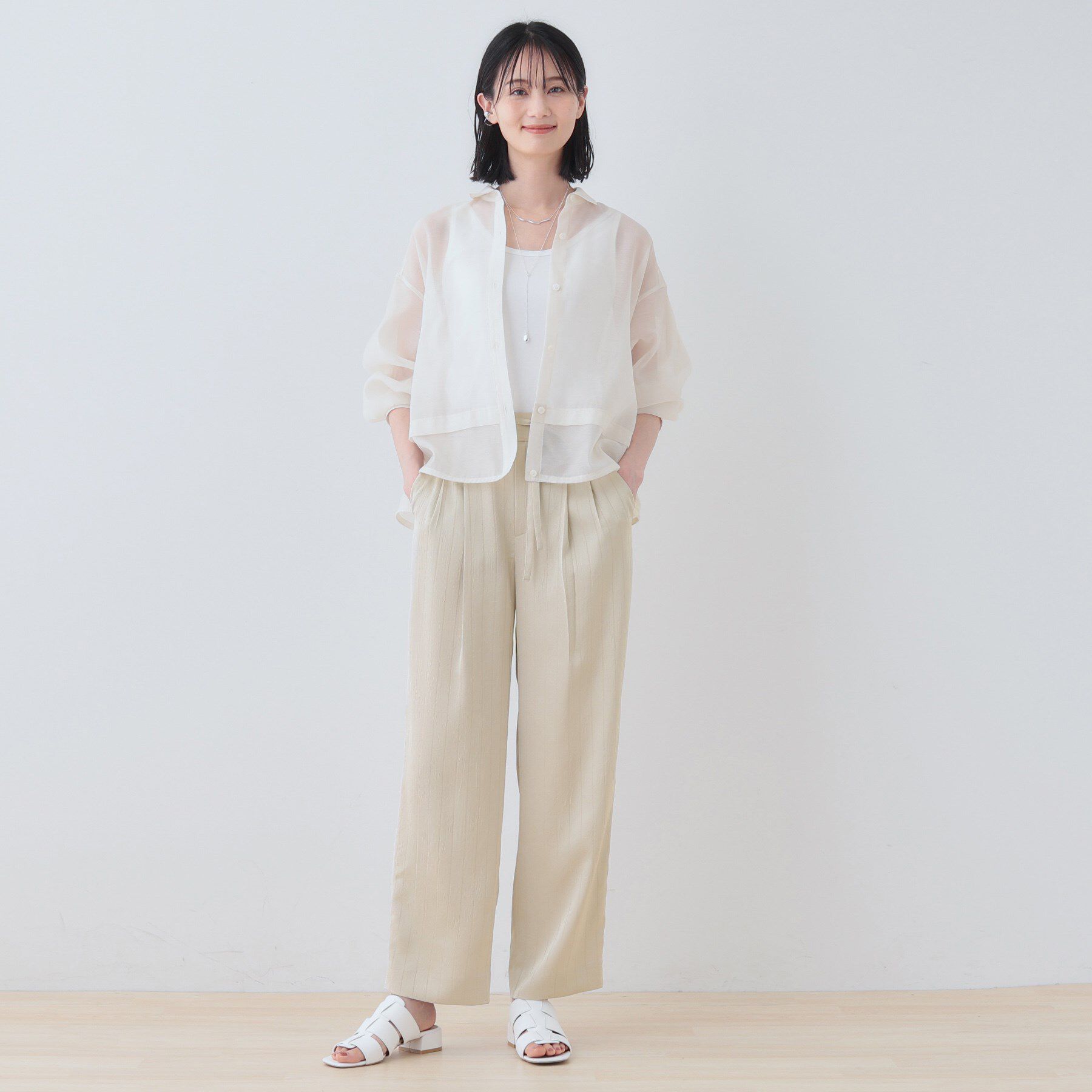 INDIVI「【洗える／UVケア／サッシュベルト付】ストライプ柄サテンテーパードパンツ」|その他|