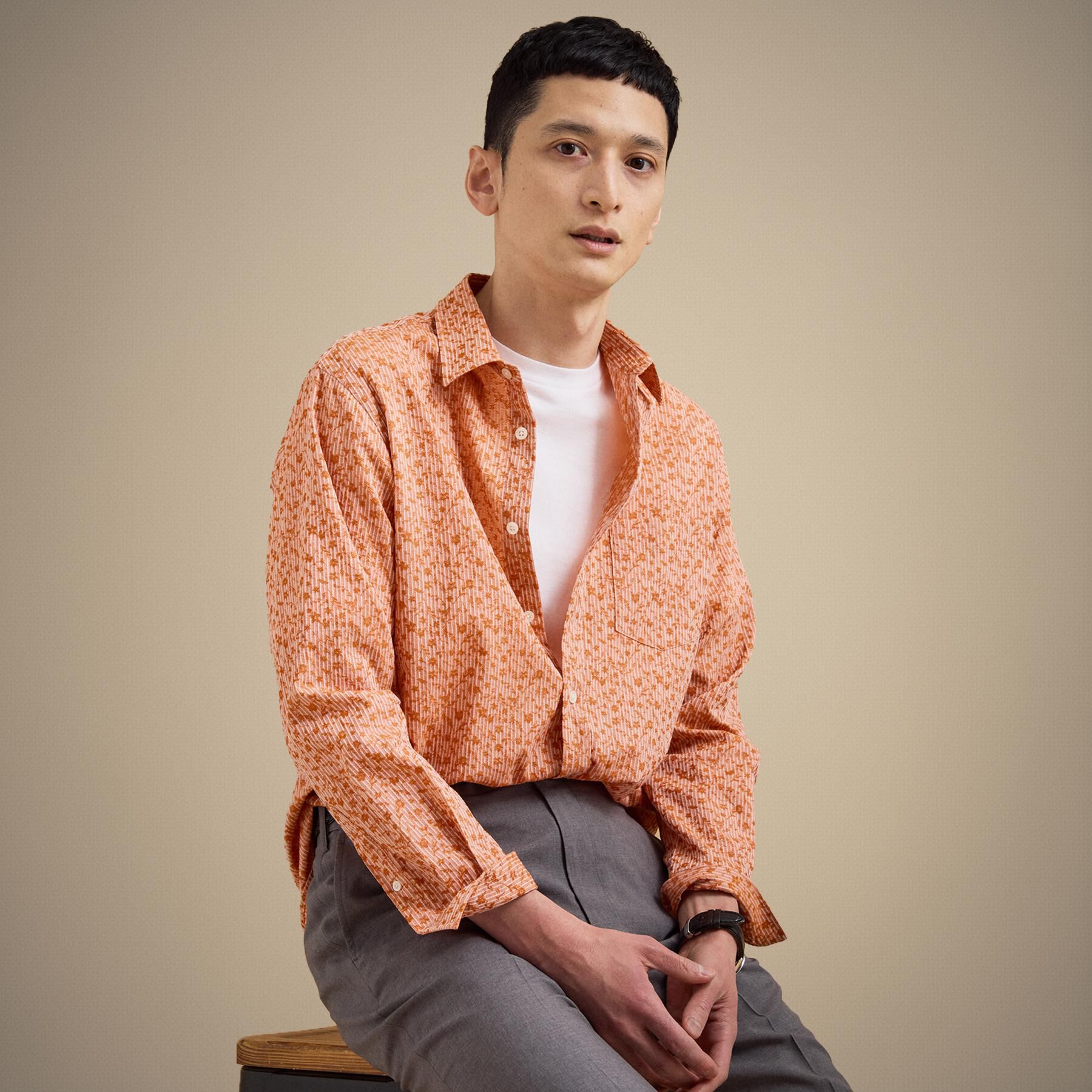 TAKEO KIKUCHI「播州 ドビーストライプ フラワーシャツ」|シャツ・ブラウス|オレンジ(367)