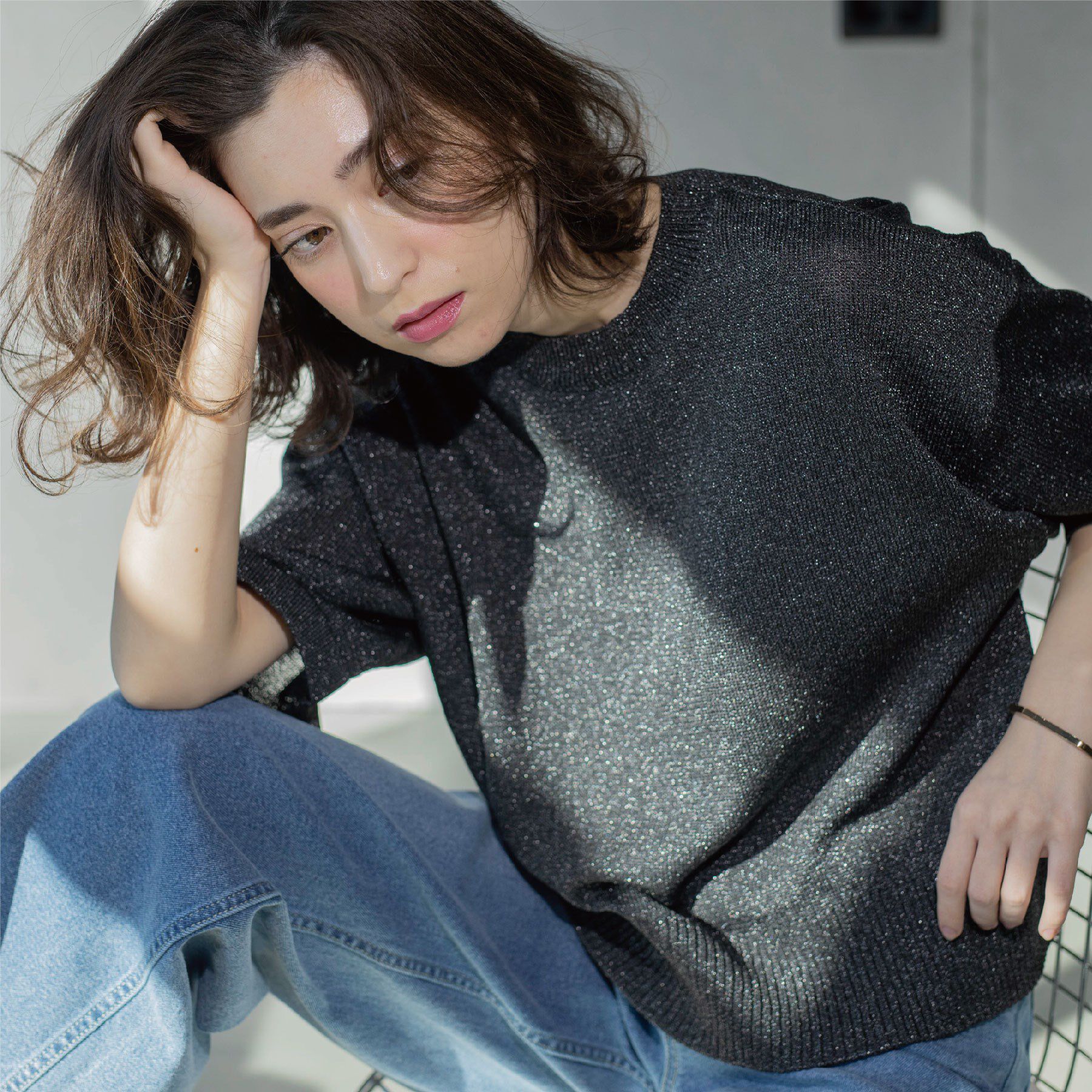 OPAQUE.CLIP「ラメハーフスリーブトップス」|ニット・セーター|ブラック(619)