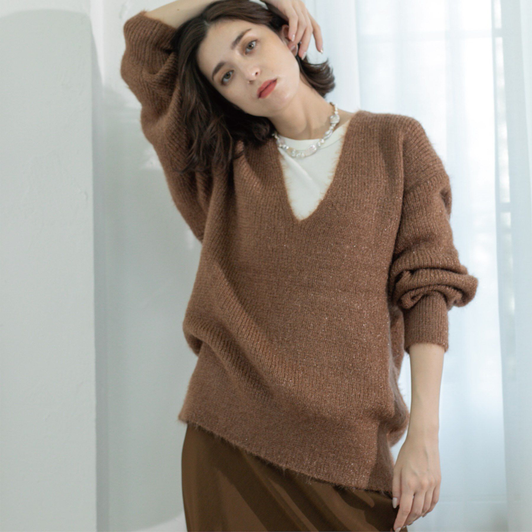 OPAQUE.CLIP「クリアシャギーVネックニット【洗える】」|ニット・セーター|ブラウン(043)
