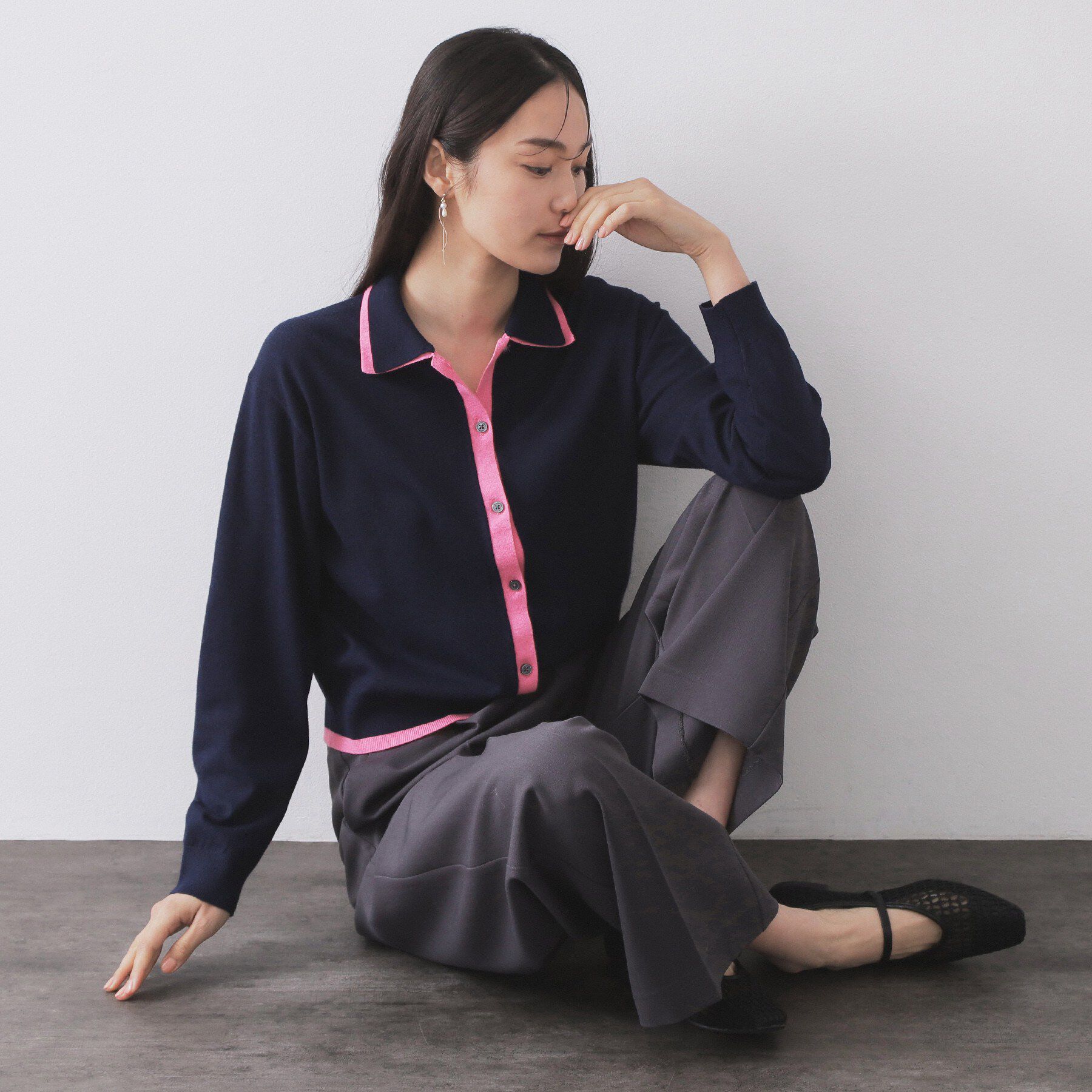 OPAQUE.CLIP「ダブルカラーポロ衿配色ニット【洗濯機OK】」|ニット・セーター|