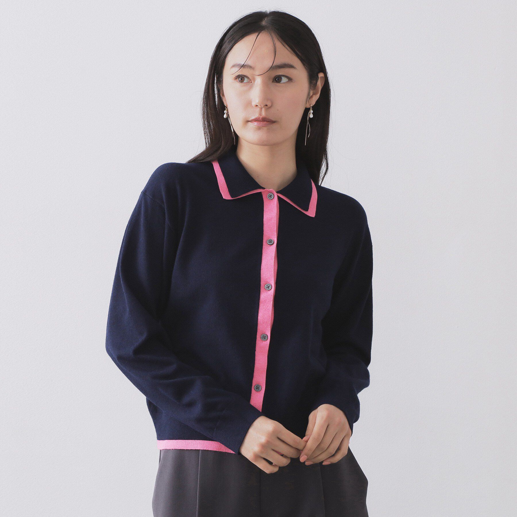 OPAQUE.CLIP「ダブルカラーポロ衿配色ニット【洗濯機OK】」|ニット・セーター|