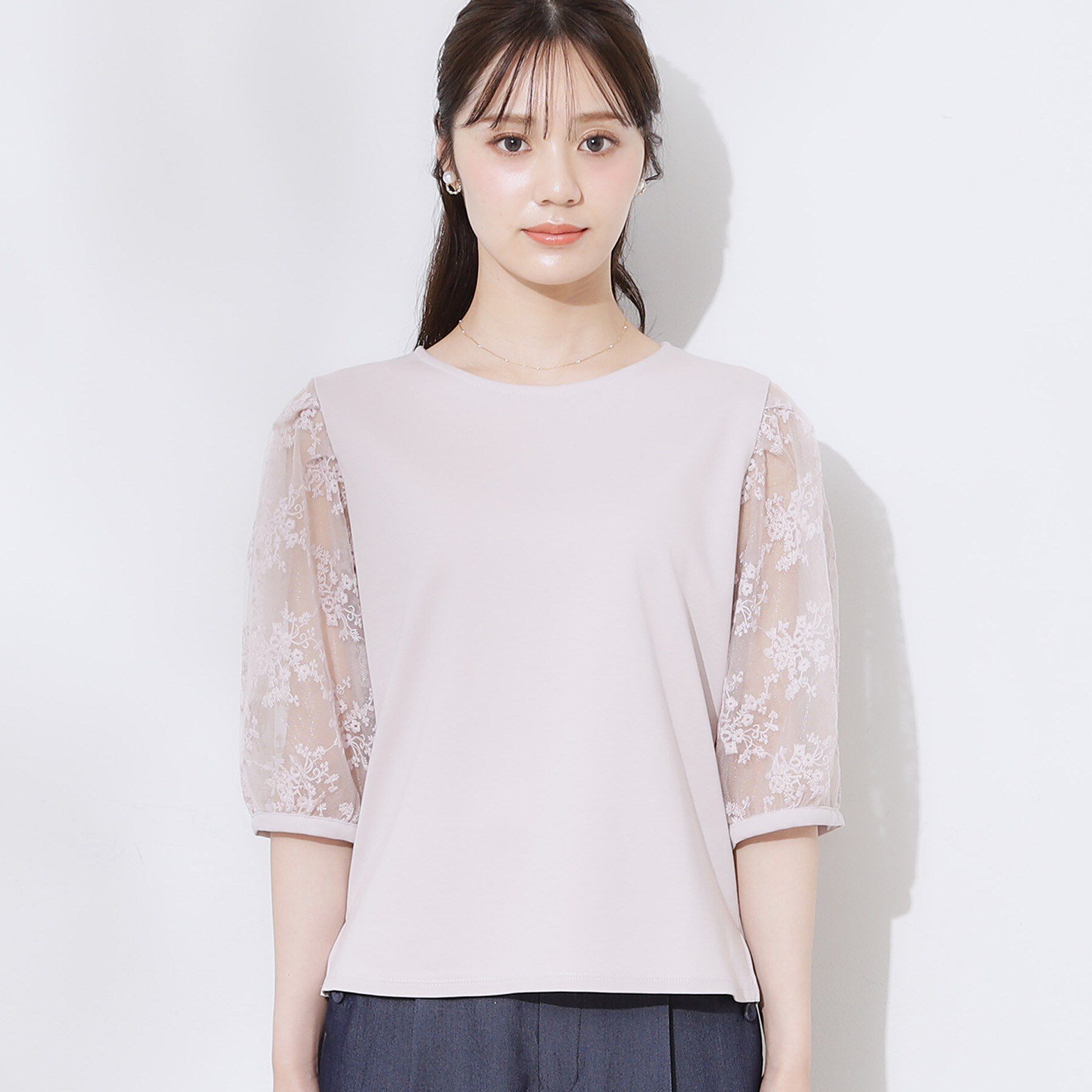 Couture broach「【接触冷感・UV・マシンウォッシャブル】袖レースデザイントップス」|Tシャツ・カットソー|