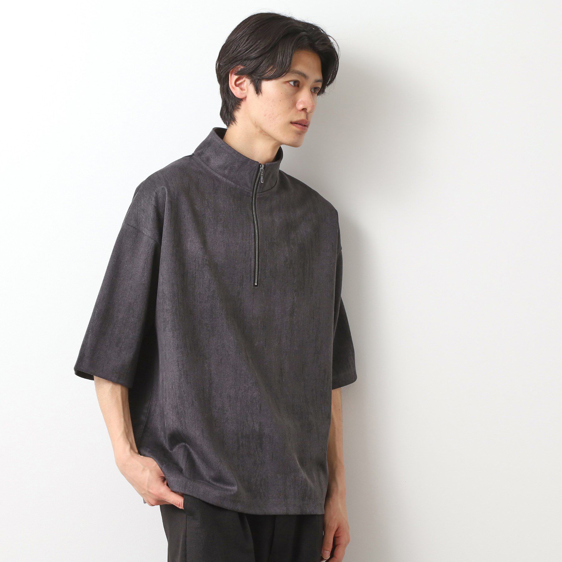 THE SHOP TK「スウェードプリントハーフジッププルオーバー　【オーバーサイズ/洗濯機OK】」|Tシャツ・カットソー|チャコールグレー(0