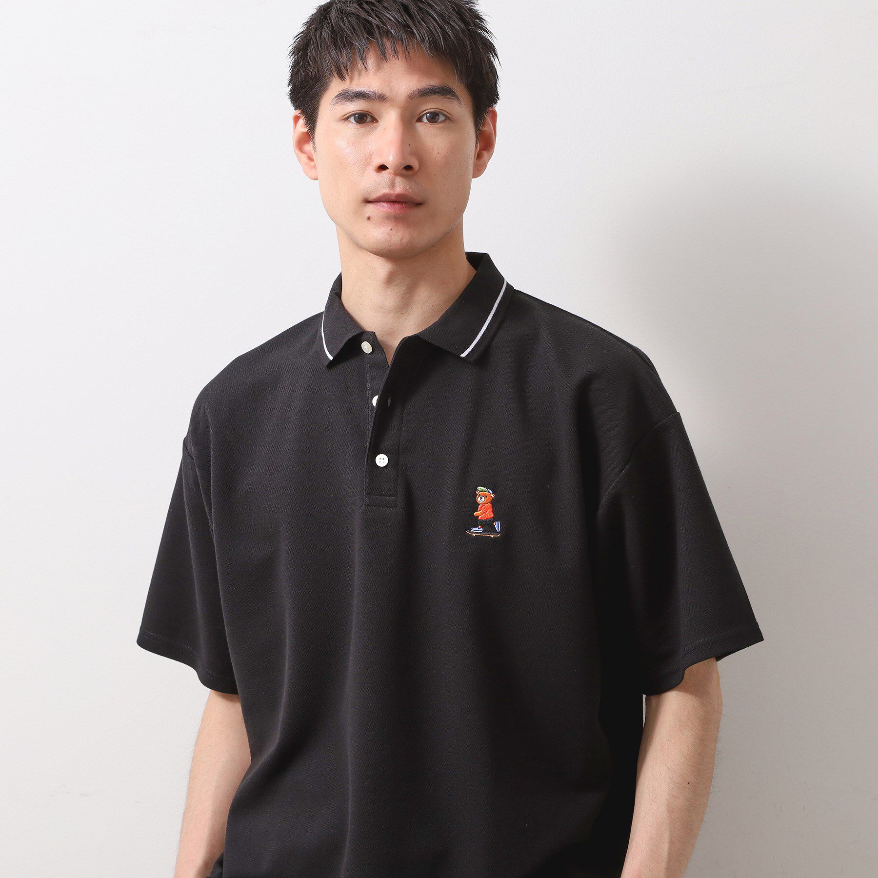 THE SHOP TK「アニマル刺繍半袖ポロシャツ　【洗濯機OK/ユニセックス】」|ポロシャツ|ブラック(019)