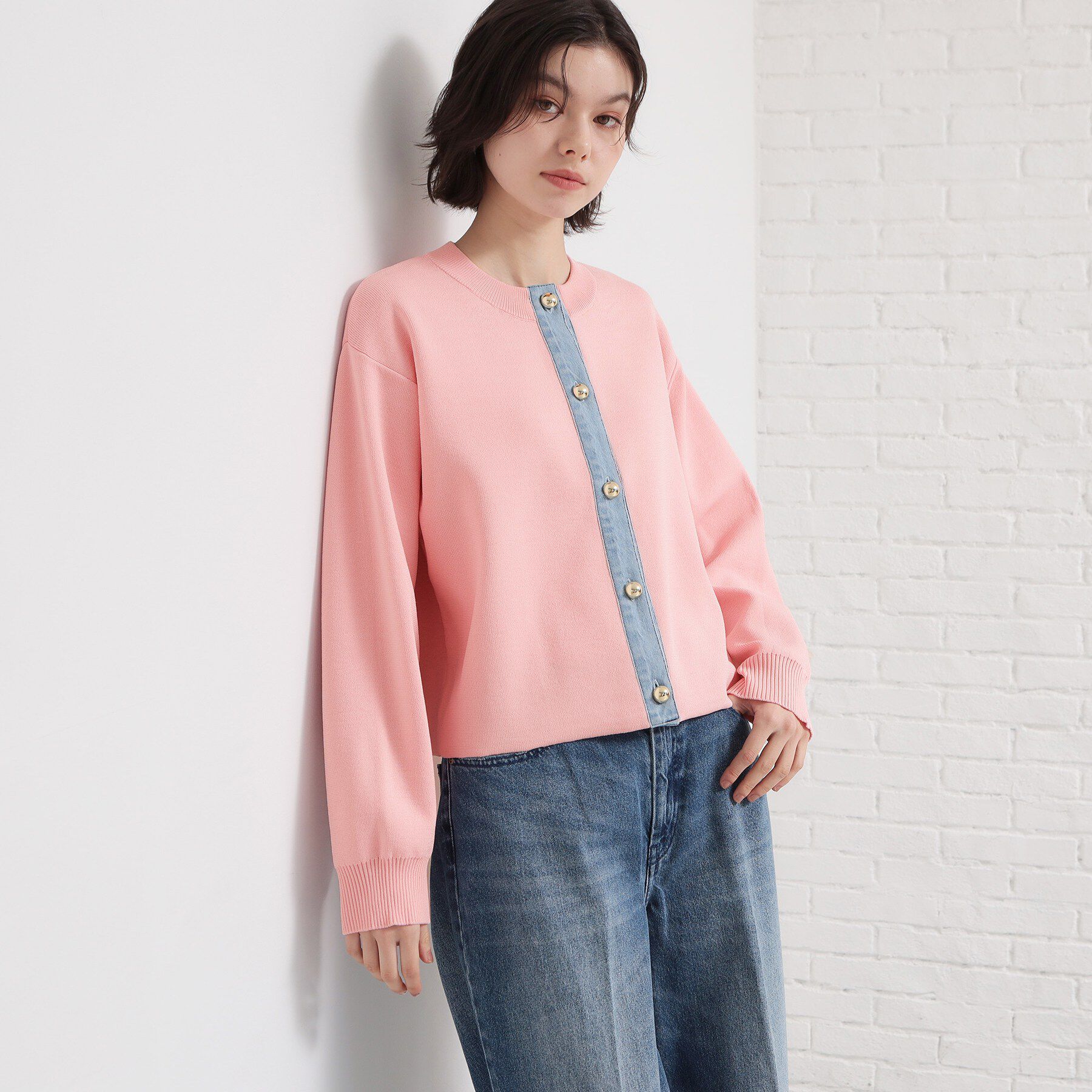 THE SHOP TK「デニム切替カーディガン」|カーディガン|ライトピンク(070