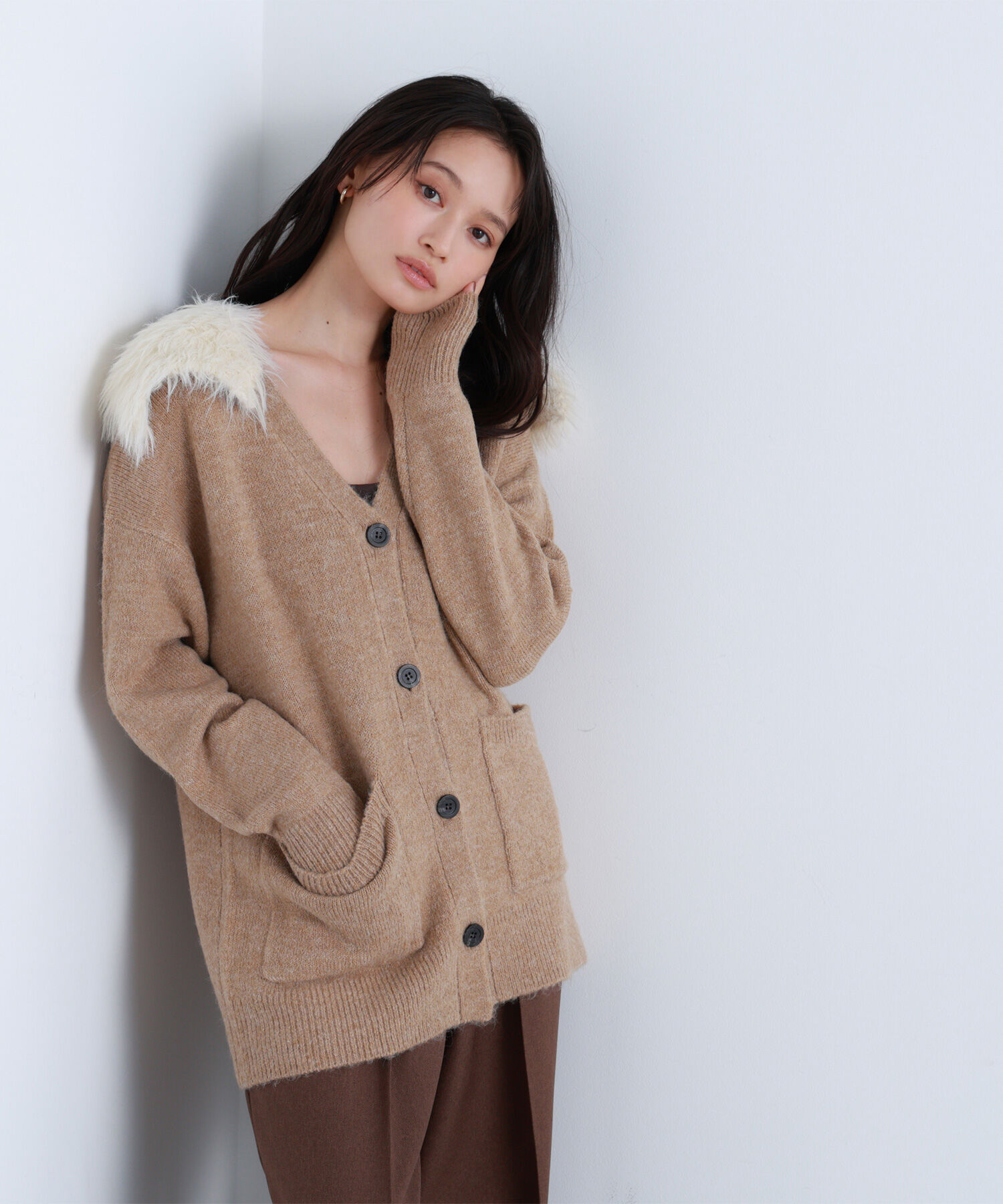  「フェイクファー付ボクシーカーディガン」|ニット・セーター|