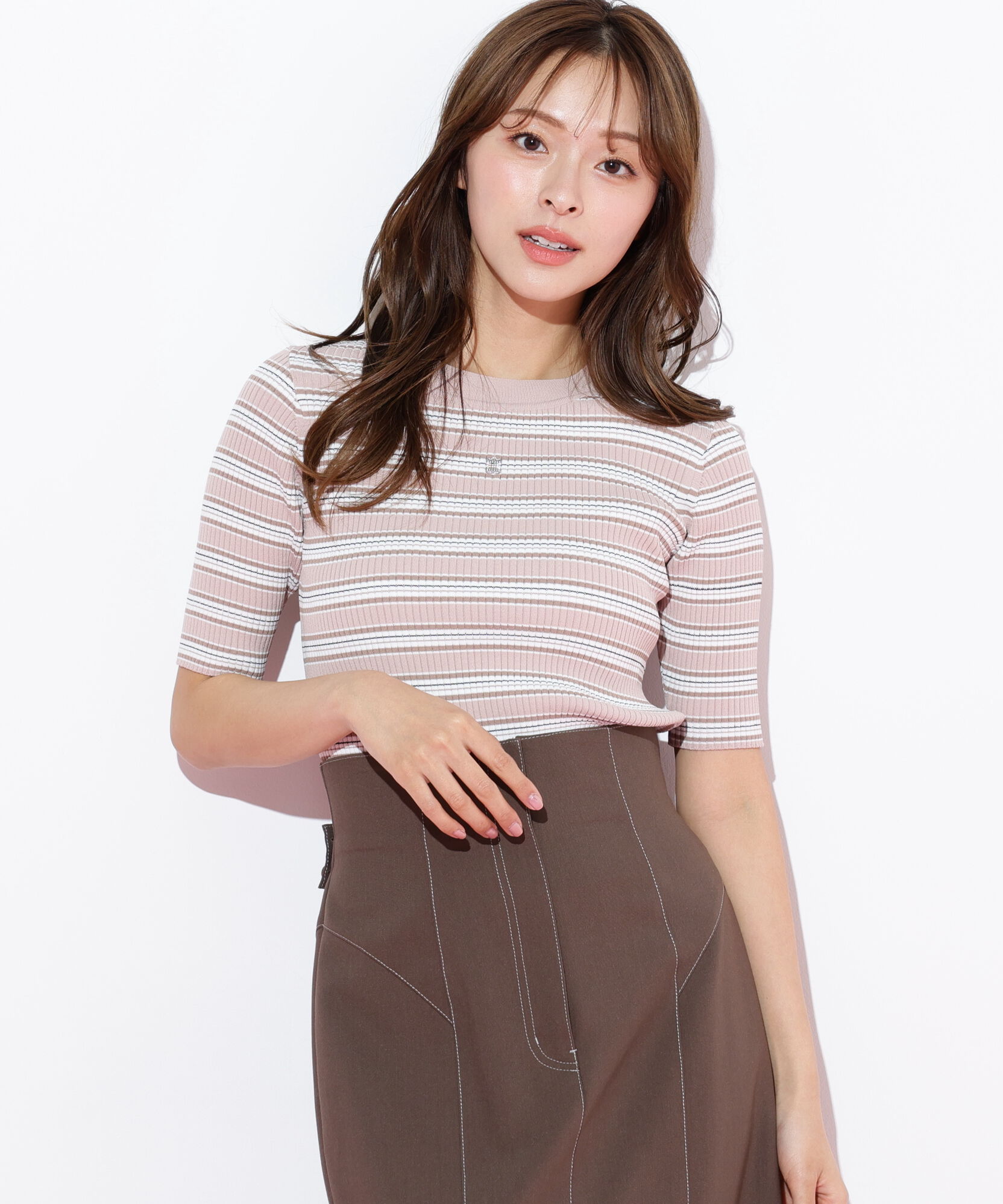  「マルチボーダーニット」|ニット・セーター|ピンク1