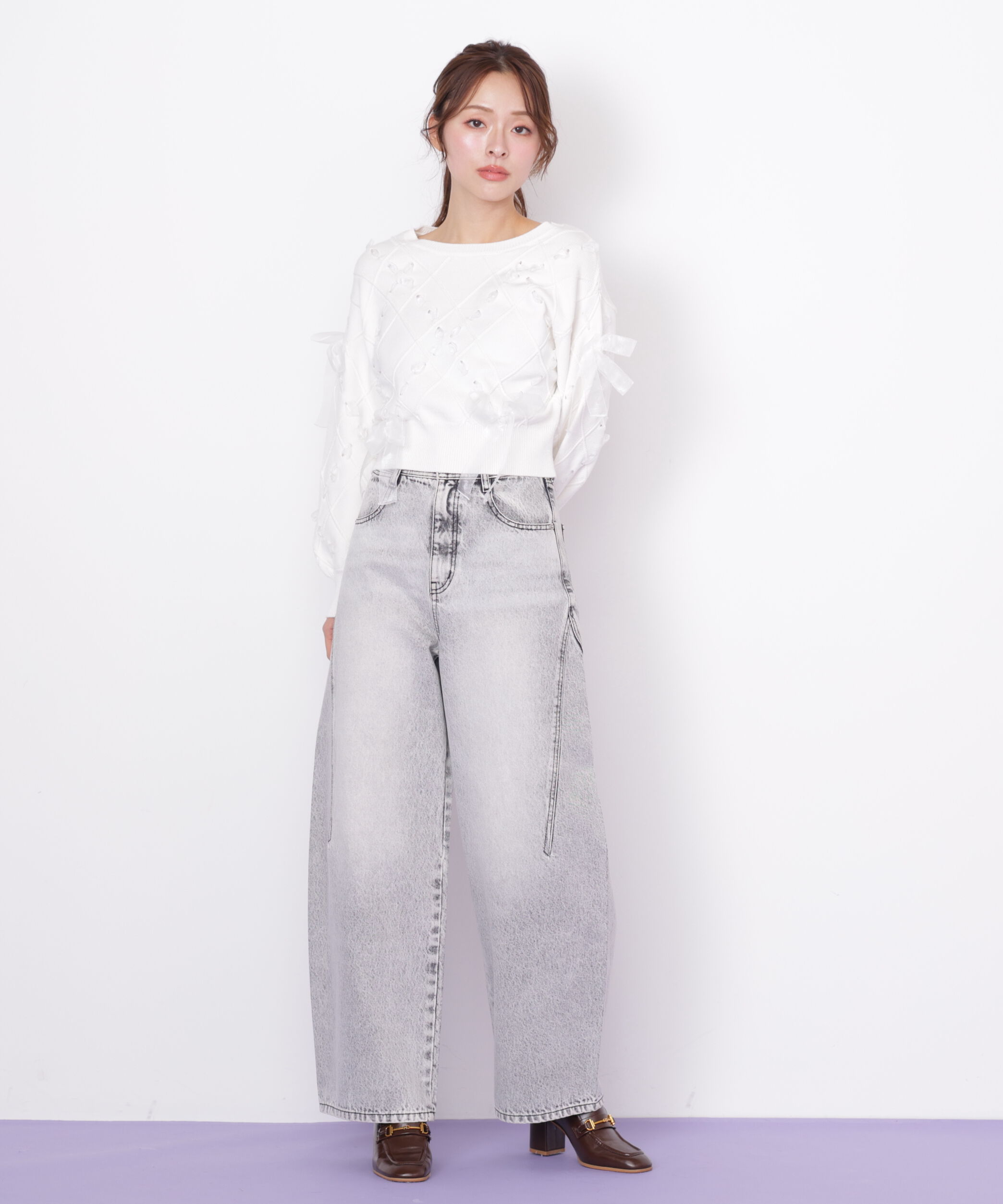  「リボン加工カーブパネルデニムパンツ」|その他|