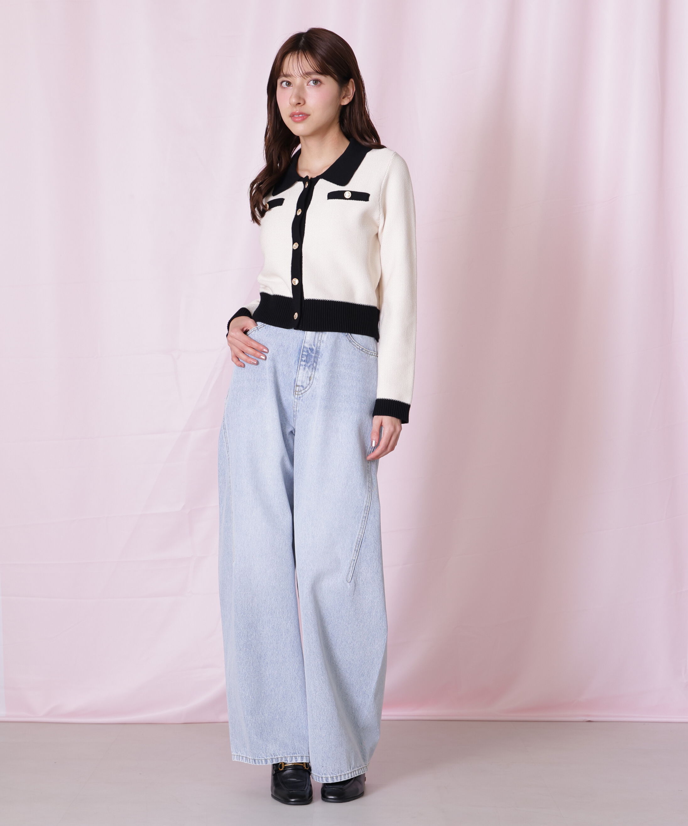  「リボン加工カーブパネルデニムパンツ」|その他|ブルー