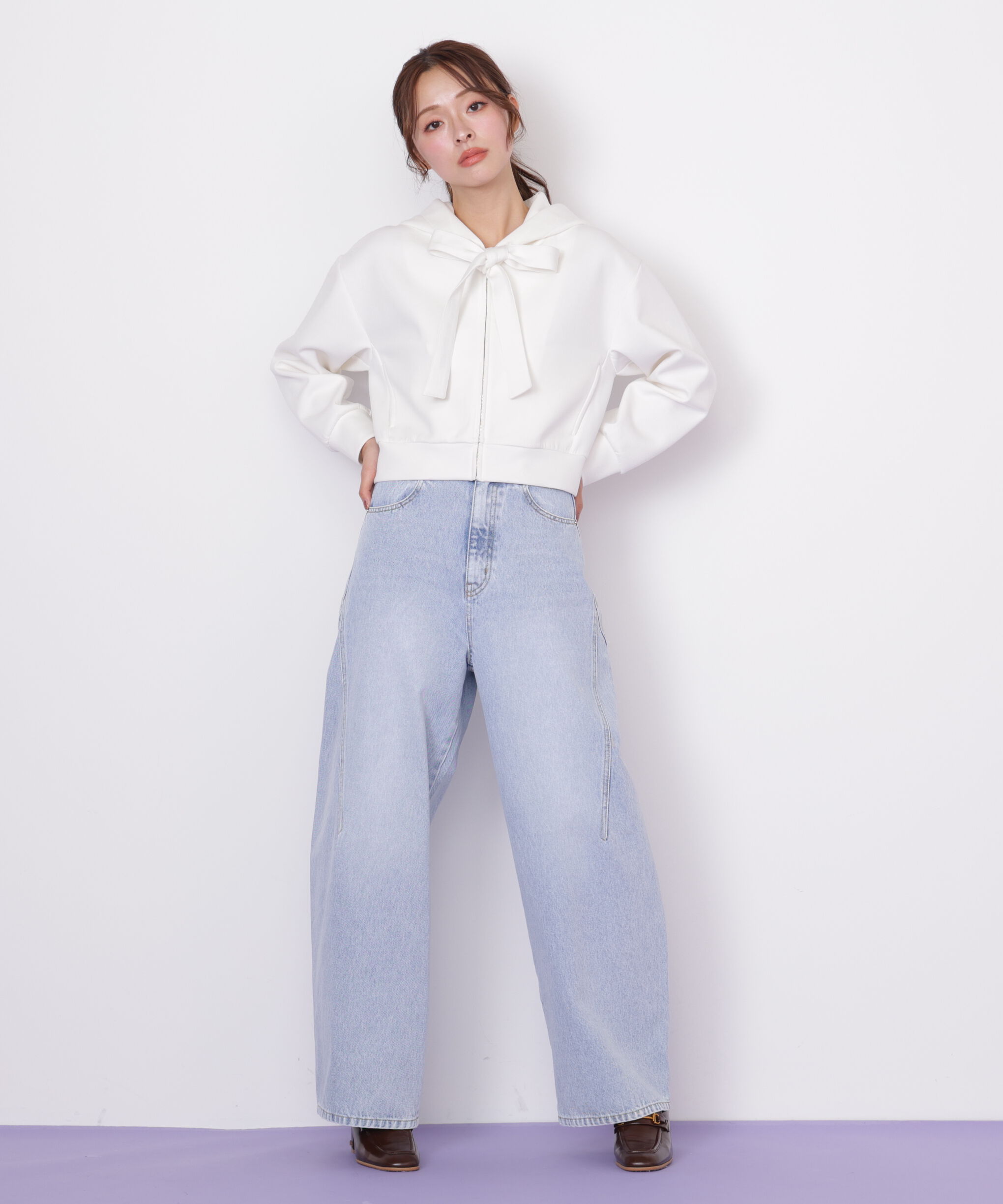  「リボン加工カーブパネルデニムパンツ」|その他|