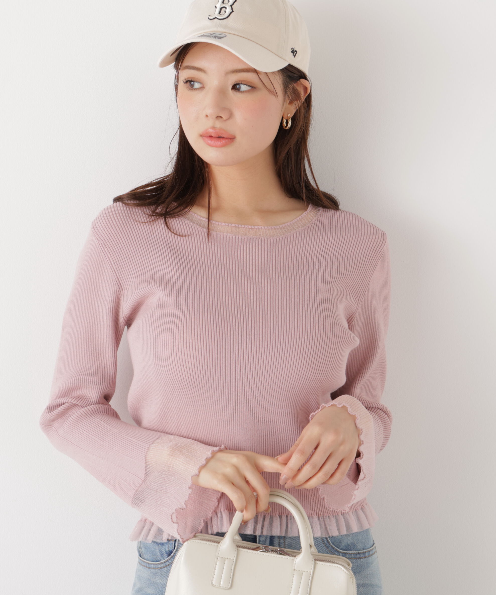 PROPORTION BODY DRESSING「部分シアーフレアスリーブニットトップス　26SS」|ニット・セーター|ピンク