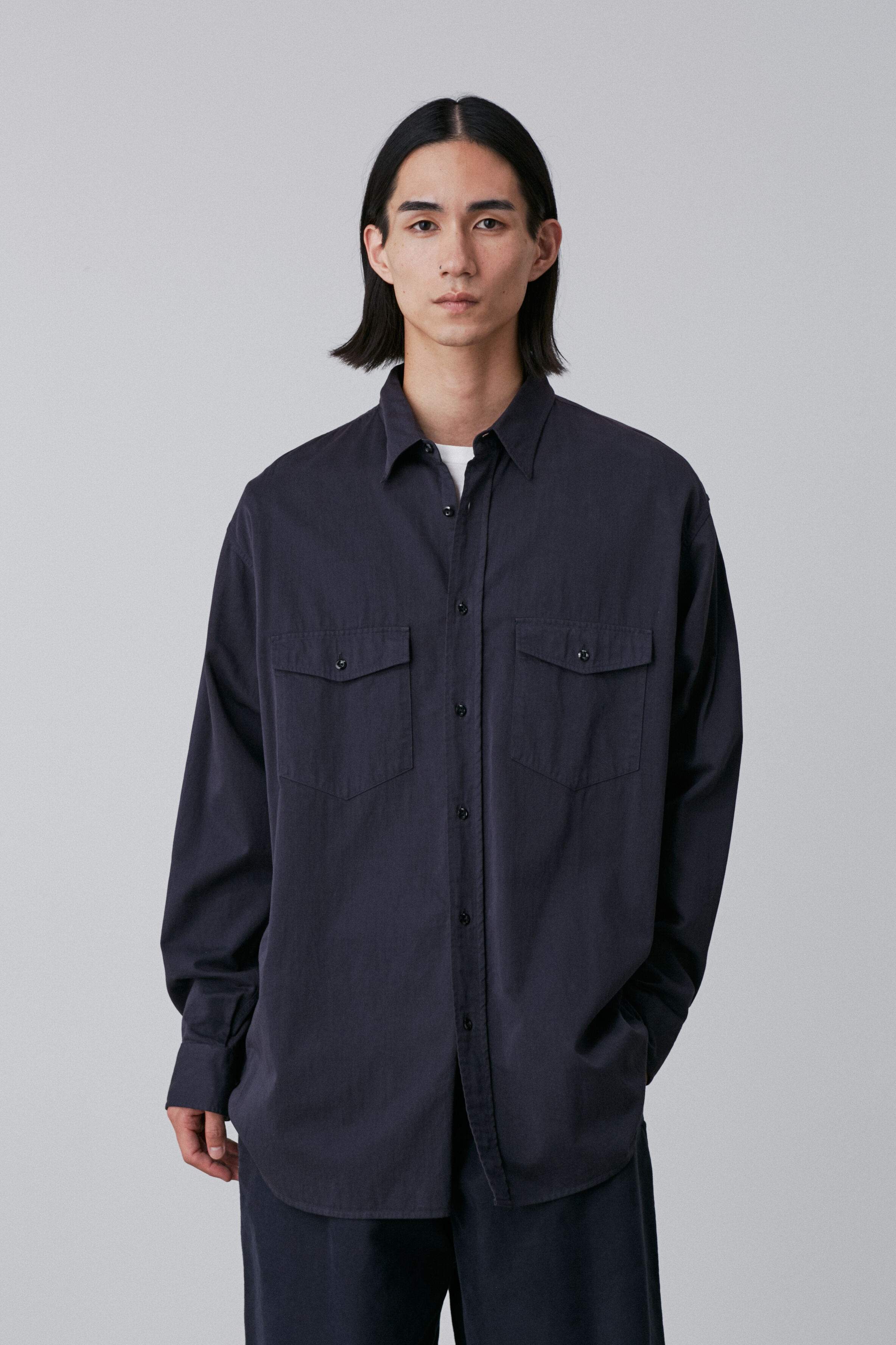 YLEVE 「Ｙ / ORGANIC COTTON HIGH DENSITY SATIN SHIRT」|シャツ・ブラウス|ネイビー