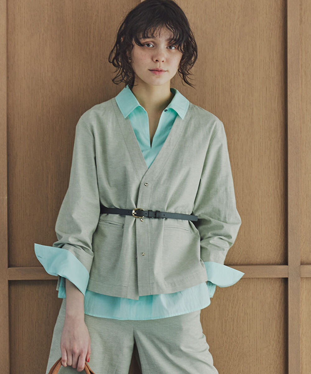  「◆綿麻シャンブレーVネックブルゾン」|ブルゾン・スタジャン|カーキ