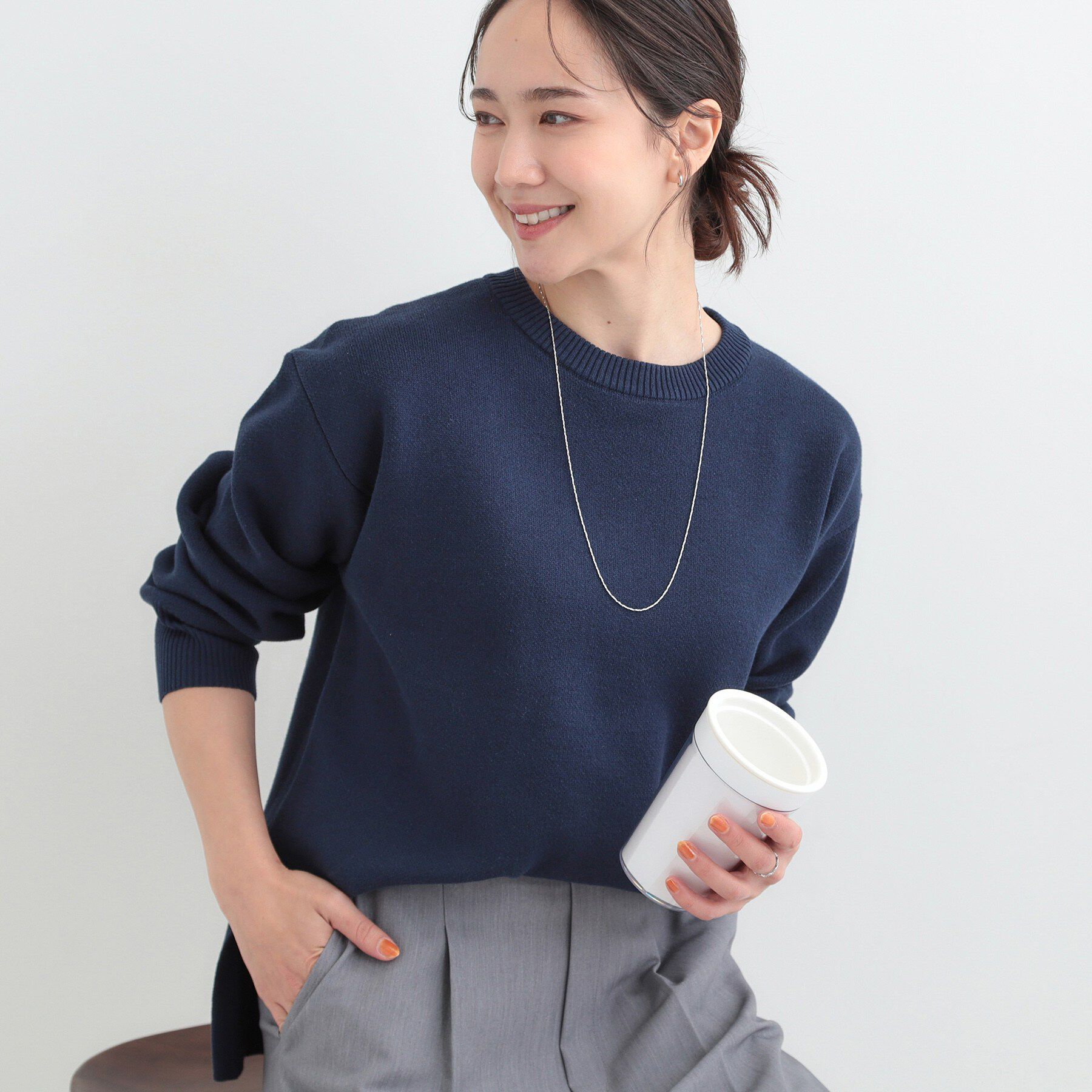 SHOO･LA･RUE「【S-LL/洗濯機可/体型カバー】大人世代も取り入れやすい スウェットライクニット」|ニット・セーター|ネイビー(094)