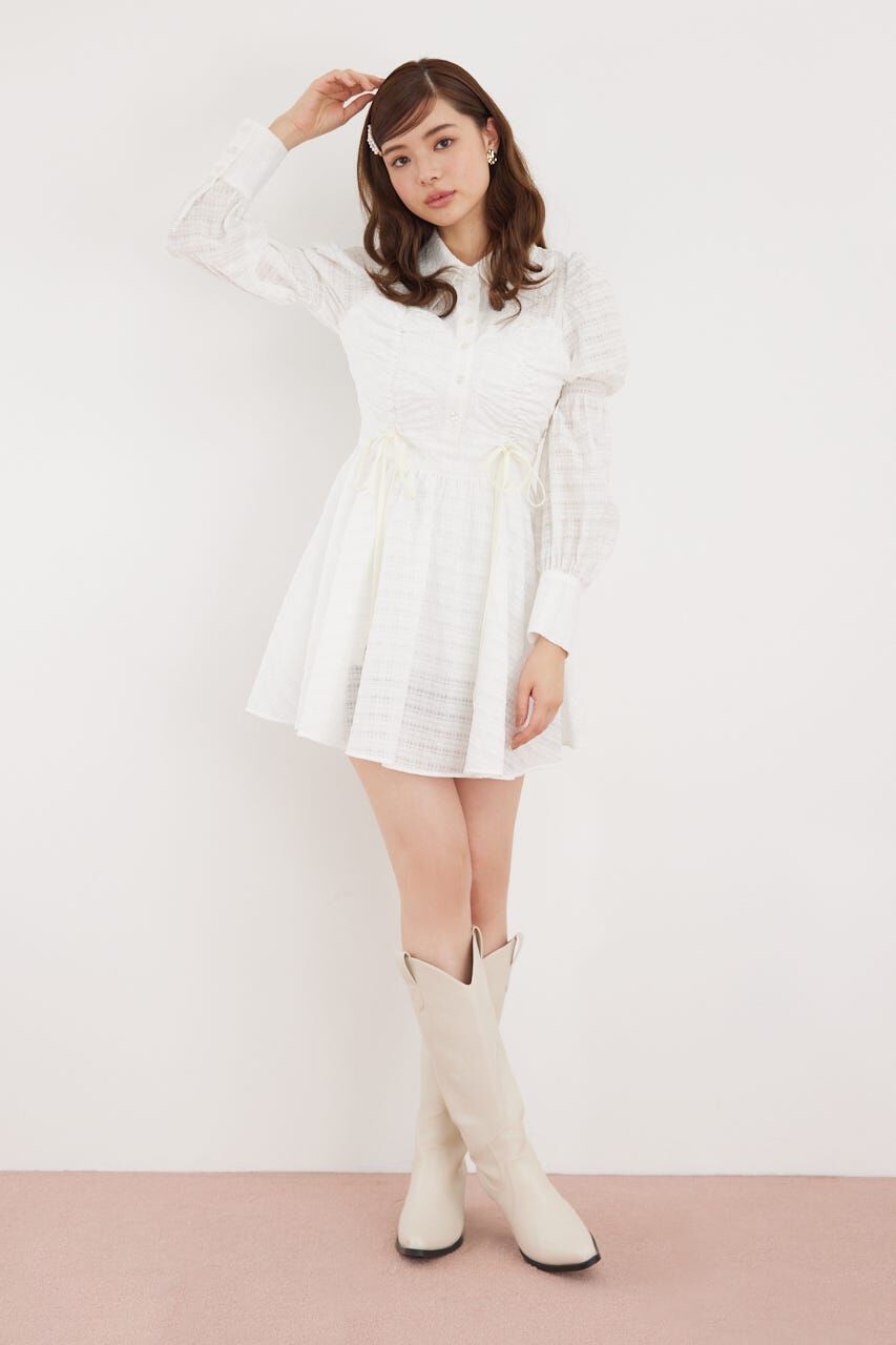 rienda「フロントシャーリングリボンミニシャツフレアワンピース」|ワンピース|