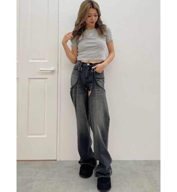 GYDA「ハイウエストレイヤードデザイン2WAYデニムパンツ」|デニム|