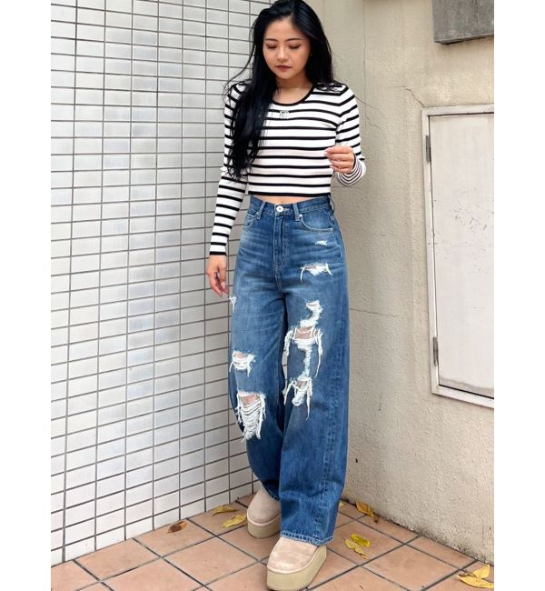 GYDA「ハイウエストダメージレースPatchストレートワイドデニムパンツ」|デニム|