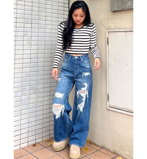 GYDA「ハイウエストダメージレースPatchストレートワイドデニムパンツ」|デニム|