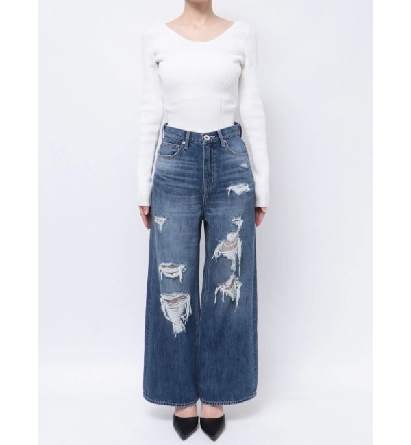 GYDA「ハイウエストダメージレースPatchストレートワイドデニムパンツ」|デニム|