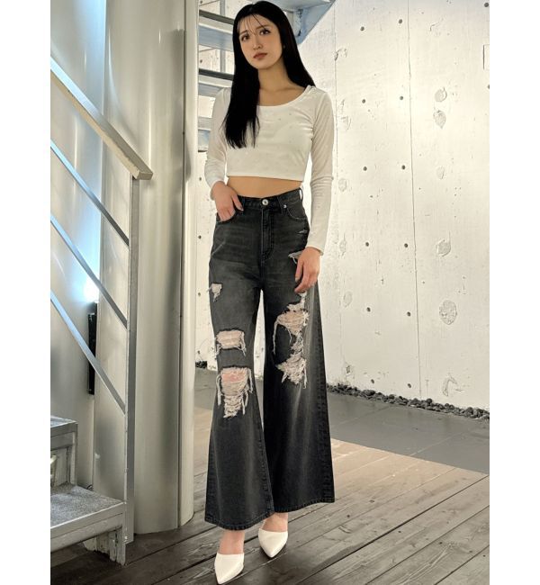 GYDA「ハイウエストダメージレースPatchストレートワイドデニムパンツ」|デニム|