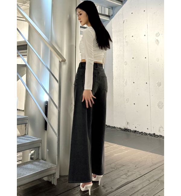 GYDA「ハイウエストダメージレースPatchストレートワイドデニムパンツ」|デニム|